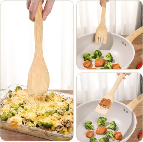 Vista 3 de [7 piezas] Las cucharas de madera para cocinar son para toda la cocina. Hechas de madera de bambú, espátula de madera y cuchara de madera de 11.8