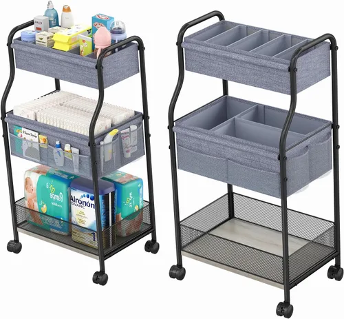 Vista 9 de Carrito organizador de pañales de 3 niveles para bebé, carritos de almacenamiento móviles con ruedas, con 2 divisores y 14 bolsillos de malla