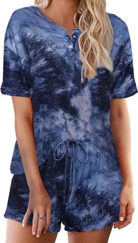 Vista 17 de Ekouaer Conjunto de pijamas teñidos con técnica tie dye para mujer, ropa de dormir, 2 piezas, conjuntos de pijamas, ropa de relajación A-tie Dye