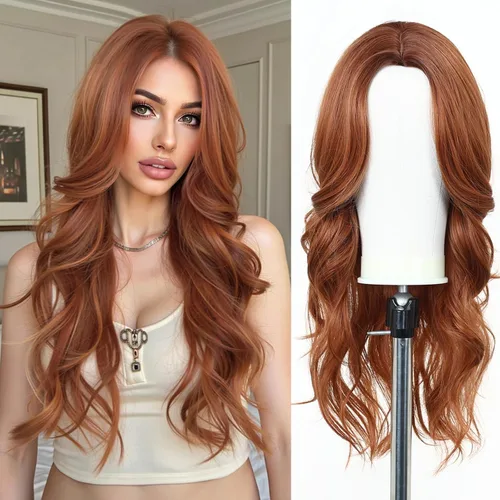 Vista 19 de Esmee Pelucas largas de color castaño rojizo ombré para mujer, peluca de cabello sintético ondulado y rizado natural para uso diario, fiestas