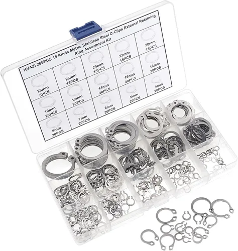 Vista 6 de Kit surtido de anillos de retención externos con clips en C de acero inoxidable 304, 265 piezas