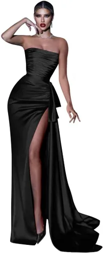 Vista 5 de Vestidos de graduación sin tirantes, con abertura de sirena, vestidos formales de fiesta de noche, plisados, vestidos largos de satén para mujer