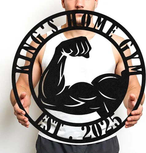 Vista 33 de Cartel de metal personalizado para gimnasio con nombre, arte de pared para sala de entrenamiento en casa, garaje, espacio de fitness, decoración