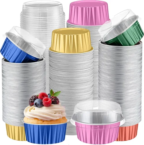 Vista 12 de Gejoy - 400 tazas para hornear de papel de aluminio con tapas, 5 onzas, clásico, negro