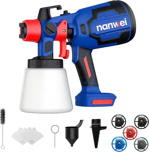 Vista 10 de NANWEI Pulverizador de pintura inalámbrico con 2 baterías, pistola de pulverización HVLP con recipiente de 40.6 fl oz, con 4 boquillas y 3 patrones