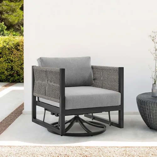 Vista 9 de Cuffay - Silla giratoria para patio al aire libre en aluminio negro con cojines grises