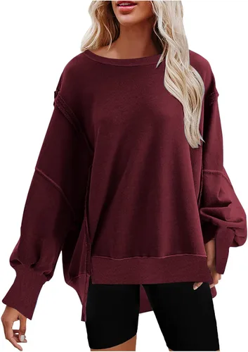 Vista 6 de Sczwkhg Sudaderas de gran tamaño con cuello redondo para mujer, otoño, moda, manga abombada, color sólido, ajuste holgado, ropa de invierno Y2K