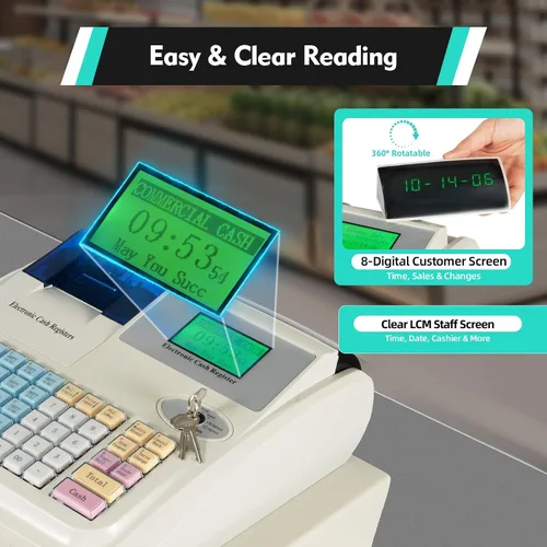 Vista 4 de Caja registradora, caja registradora electrónica de 48 teclas, 8 pantalla LED digital, 100 V, sistema electrónico POS, caja registradora Blanco
