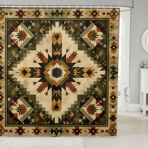 Vista 22 de Castle Fairy Cortina de ducha geométrica bohemia tribal exótica para baño, juego de cortina de ducha para niños y adultos, cortina de baño retro