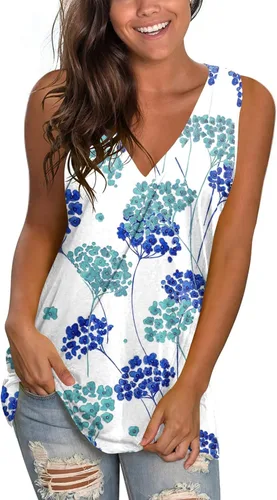 Vista 5 de Camiseta sin mangas para mujer, estilo casual, cuello en V, color liso, holgada, para verano, para mujer