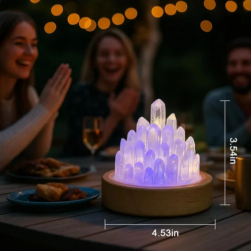 Vista 6 de Lámpara de cristales curativos con base de luz de madera, lámpara de noche de cuarzo transparente, lámpara de ambiente de cristal curativo natural