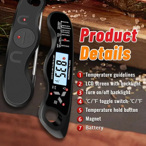 Vista 4 de Termómetro de carne, termómetro digital impermeable IP67 con luz de fondo, función de sujeción e imán para parrilla, barbacoa, dulces, carne de res