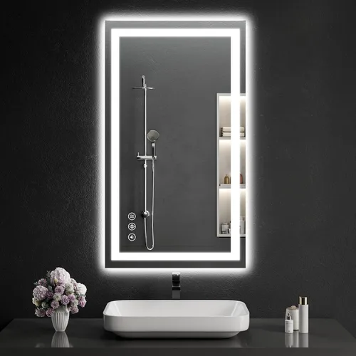 Vista 24 de Espejo de baño LED de 30 x 48 pulgadas con luces, regulable, antivaho, espejo de tocador de baño para pared, retroiluminado + luz frontal, función