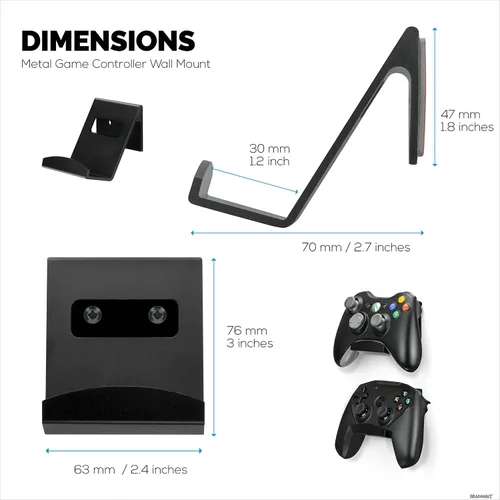 Vista 7 de BRAINWAVZ 2 Pack Metal Controller Holder Stand Wall Mount for Xbox, PS5, PS4, PC & More Gaming Accessories, Adhesive & Screw Universal Fit (Black)