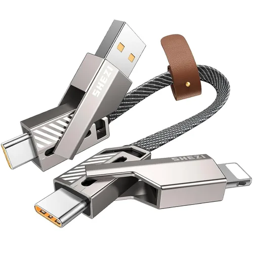 Vista 18 de Cable USB C ultra corto 4 en 1 de 0.6 pies compatible con cable Lightning [carga rápida y transferencia de datos] cable de carga plano trenzado