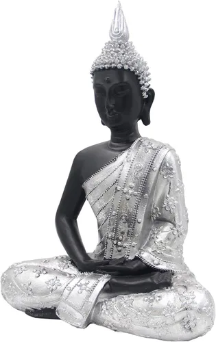 Vista 2 de DharmaObjects Estatua de Buda meditando Zen Mindfulness Peace Harmony (plata, 11 pulgadas)