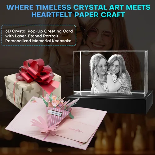 Vista 6 de Marco de Fotos Personalizado de Cristal 3D Rectangular Pequeño (Horizontal) – Premium: Base LED Multicolor, Envoltorio para Regalo y Tarjeta 3D