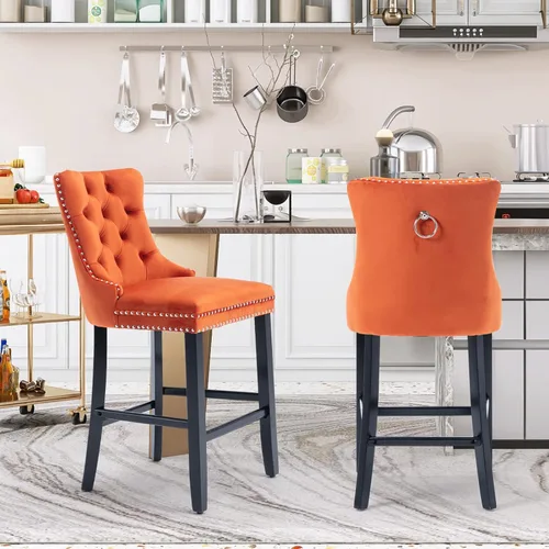 Vista 38 de SoarFlash Juego de 2 taburetes de bar tapizados de terciopelo moderno con patas de madera, botones acolchados, cabeza de clavo cromada, asiento