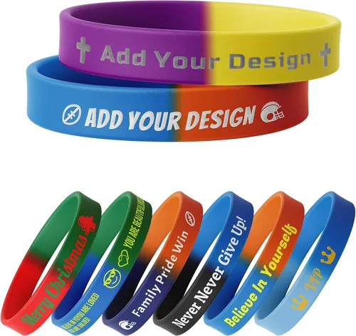 Vista 9 de 10/30/50/100 pulseras de silicona personalizadas para eventos, fiestas, conciencia, pulseras multicolor personalizadas a granel Texto en relieve