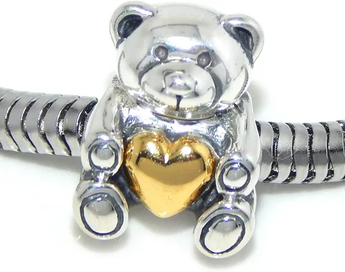 Vista 3 de Abalorio de plata de ley 925, diseño de oso de peluche con corazón dorado 327