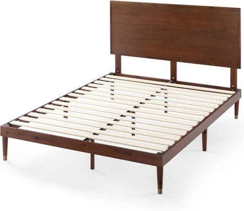 Vista 12 de Zinus Deluxe cama de madera estilo de medio siglo con cabecero, sin necesidad de colchon de resortes, Pino, Marrón