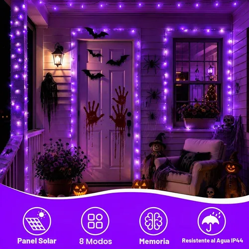Vista 3 de YEGUO Paquete de 4 luces solares de Halloween de 33 pies, 100 luces LED moradas de Navidad impermeables para exteriores, 8 modos de luces solares