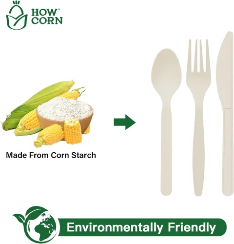 Vista 2 de Juego de cubiertos biodegradables de maíz, paquete de 120 cubiertos desechables, plástico de almidón de maíz compostable resistente para el hogar