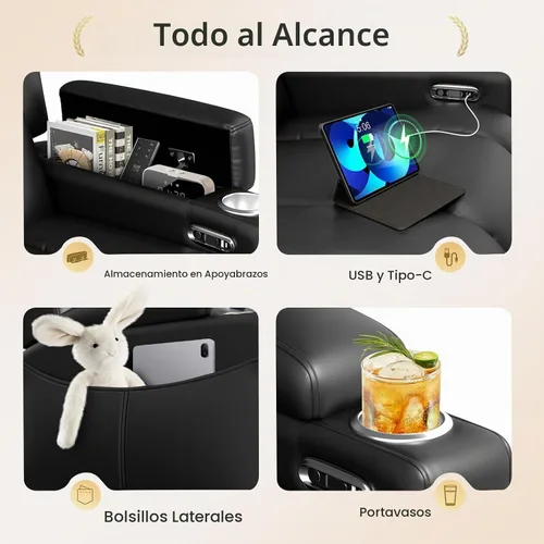 Vista 9 de Sofá reclinable eléctrico, asiento de cine en casa con consola abatible, sofá biplaza reclinable de pared con luz LED, puertos USB, sofá de casa