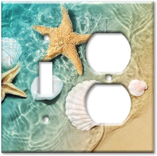 Vista 6 de Art Plates - Placa de interruptor de combinación de dos bandas - Toma de corriente - Palanca - Conchas de mar y peces estrella en piscina de mareas