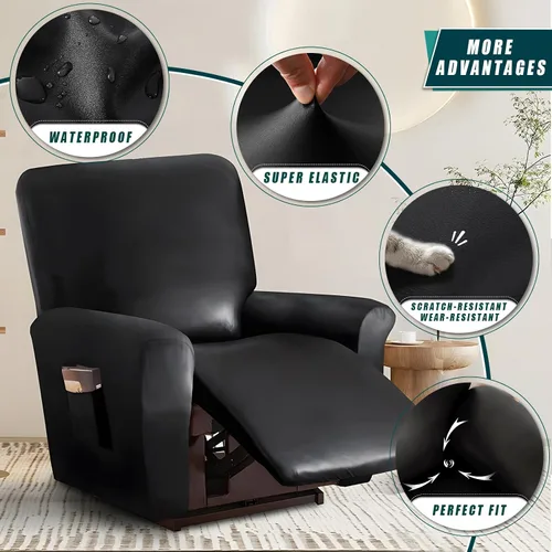 Vista 3 de JOKIVTOU Funda elástica de piel sintética para sofá reclinable de 1/2/3 asientos, con bolsillos laterales, impermeable, funda para sofá reclinable