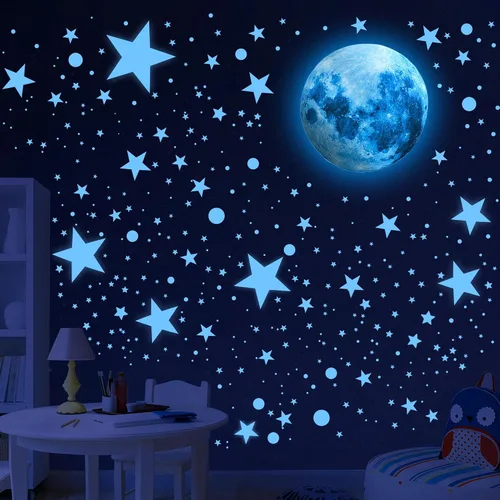 Vista 7 de 492 calcomanías de pared que brillan en la oscuridad con estrellas para techo de luna azul Astronaut Universe Galaxy Planet Wall Decor