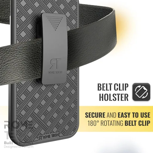 Vista 3 de Funda diseñada para iPhone 15 con funda de clip para cinturón, funda con función atril, color negro
