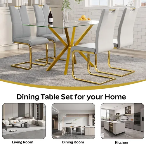 Vista 4 de Mesa de comedor de 7 piezas de 47 pulgadas con 6 sillas de piel sintética, juego de mesa de comedor moderno para 6, mesa de cocina rectangular