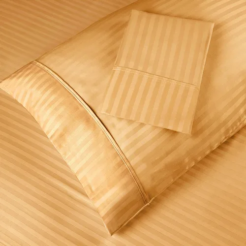 Vista 2 de Superior Par de fundas de almohada de algodón peinado suave, rayas de satén, estándar, color dorado