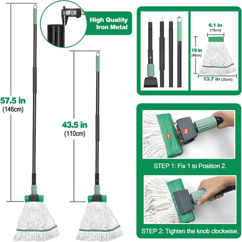Vista 2 de Trapeador resistente para limpieza de suelos, trapeador comercial industrial con mango de 57.5 pulgadas de largo, mopas de algodón húmedo con cuerda