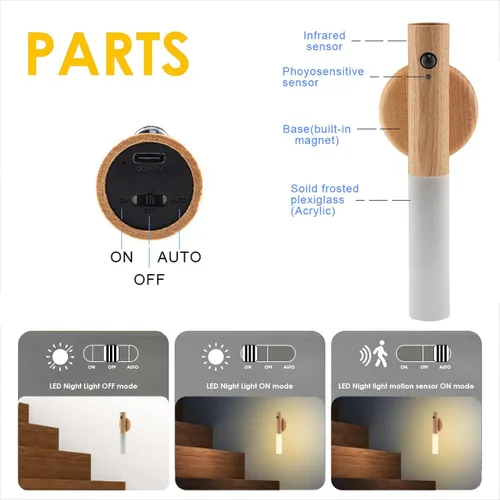 Vista 2 de Luces nocturnas con sensor de movimiento de madera LANDGOO Aplique de pared con pilas inalámbrico recargable LED para pasillo de cuerpo magnético