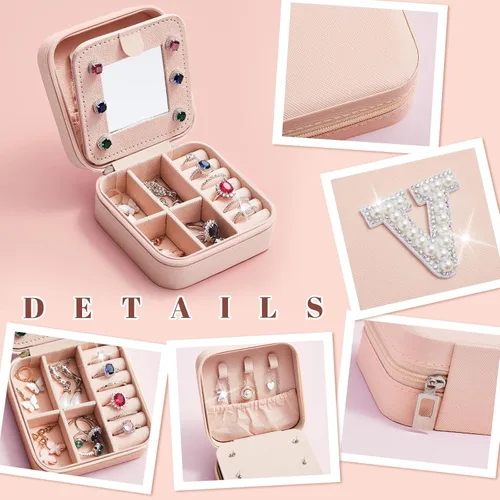 Vista 4 de Joyero de viaje con inicial, mini organizador de joyas rosa con espejo, anillo de viaje, aretes, soporte de joyería para mujeres, niñas, mamá