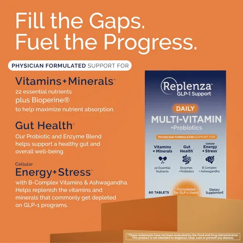 Vista 7 de Replenza Daily GLP-1 Suplemento de apoyo nutricional, vitaminas y minerales esenciales, apoyo para la salud intestinal, el estrés y la energía