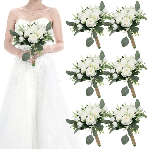 Vista 22 de Ramos para dama de honor para boda - Ramo de flores artificiales de 7 pulgadas para fiesta, ceremonia, aniversario, centros de mesa para mesa de Azul