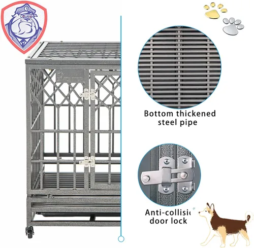 Vista 5 de SMONTER - Jaula resistente para perros, para perros grandes, caseta de metal fuerte y jaula, corralito con tres puertas, cuatro ruedas, 38 pulgadas