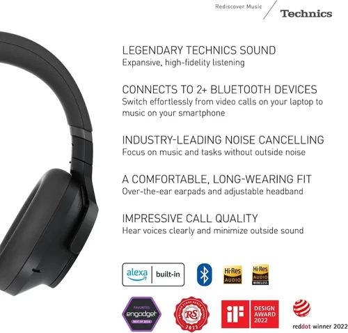 Vista 2 de Technics - Auriculares inalámbricos con cancelación de ruido para usar sobre la oreja con conectividad multipunto para 2 dispositivos - EAH-A800-K
