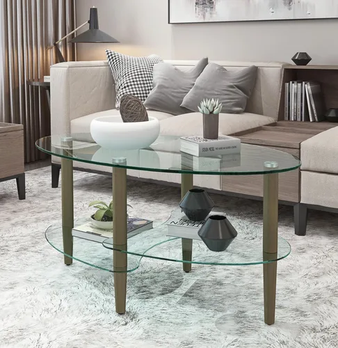 Vista 4 de Mesa de centro de vidrio ovalada, mesa de té de vidrio templado de 3 niveles, moderna mesa auxiliar de vidrio ovalada, mesa de vidrio de 3 capas
