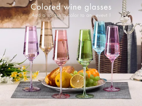 Vista 6 de comfit Juego de 6 copas de champán de colores, vasos de cristal soplados a mano grandes de 8.5 onzas, vasos de colores sin plomo, cristalería