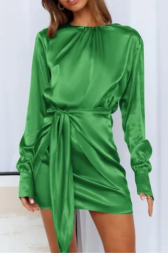 Vista 2 de PRETTYGARDEN Vestido de satén de primavera 2023 para mujer, de manga larga, con lazo en la cintura, elegante, para cóctel, fiesta