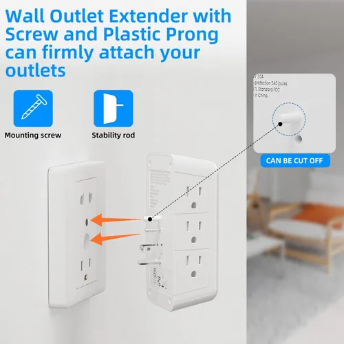 Vista 7 de Protector de sobretensiones de enchufes múltiples, extensor de 7 salidas con luz nocturna, cargador de pared USB con 2 puertos USB C y 2 puertos
