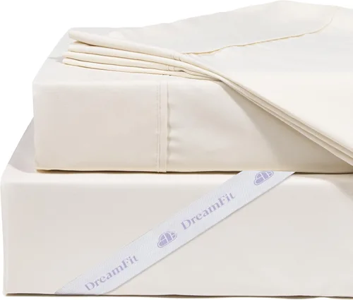 Vista 4 de DreamFit DreamCool Juego de sábanas 100% algodón Pima con tiras elásticas en las esquinas, 20 pulgadas de bolsillo extraprofundo, fabricadas en EE.