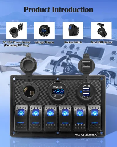 Vista 5 de Panel de interruptor basculante impermeable de 6 posiciones con pantalla digital LED azul, voltímetro, doble puerto de carga USB de 5 V, toma