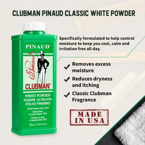 Vista 4 de Clubman Pinaud Finest Powder, polvo blanco clásico para hombres, protección contra el sudor y el olor corporal, 9 onzas x 1 paquete