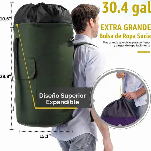 Vista 3 de Mochila para lavandería, 115L, resistente, extra grande, bolsa de ropa sucia con correas para el hombro, bolsa de ropa sucia con cierre de cordón