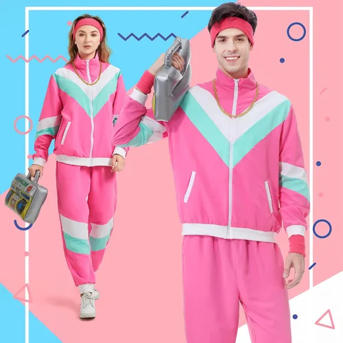 Vista 3 de Chándal de los años 80 para hombres y mujeres, traje retro rompevientos de los años 80 para parejas, traje deportivo de color de los años 90